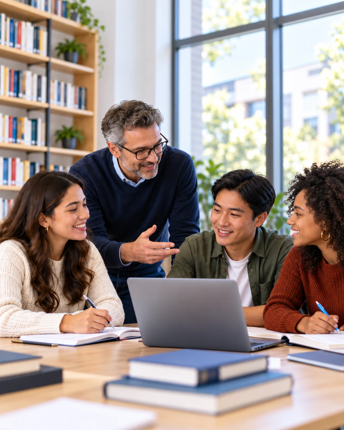 Instructor guiding adult university students through a collaborative language lesson.