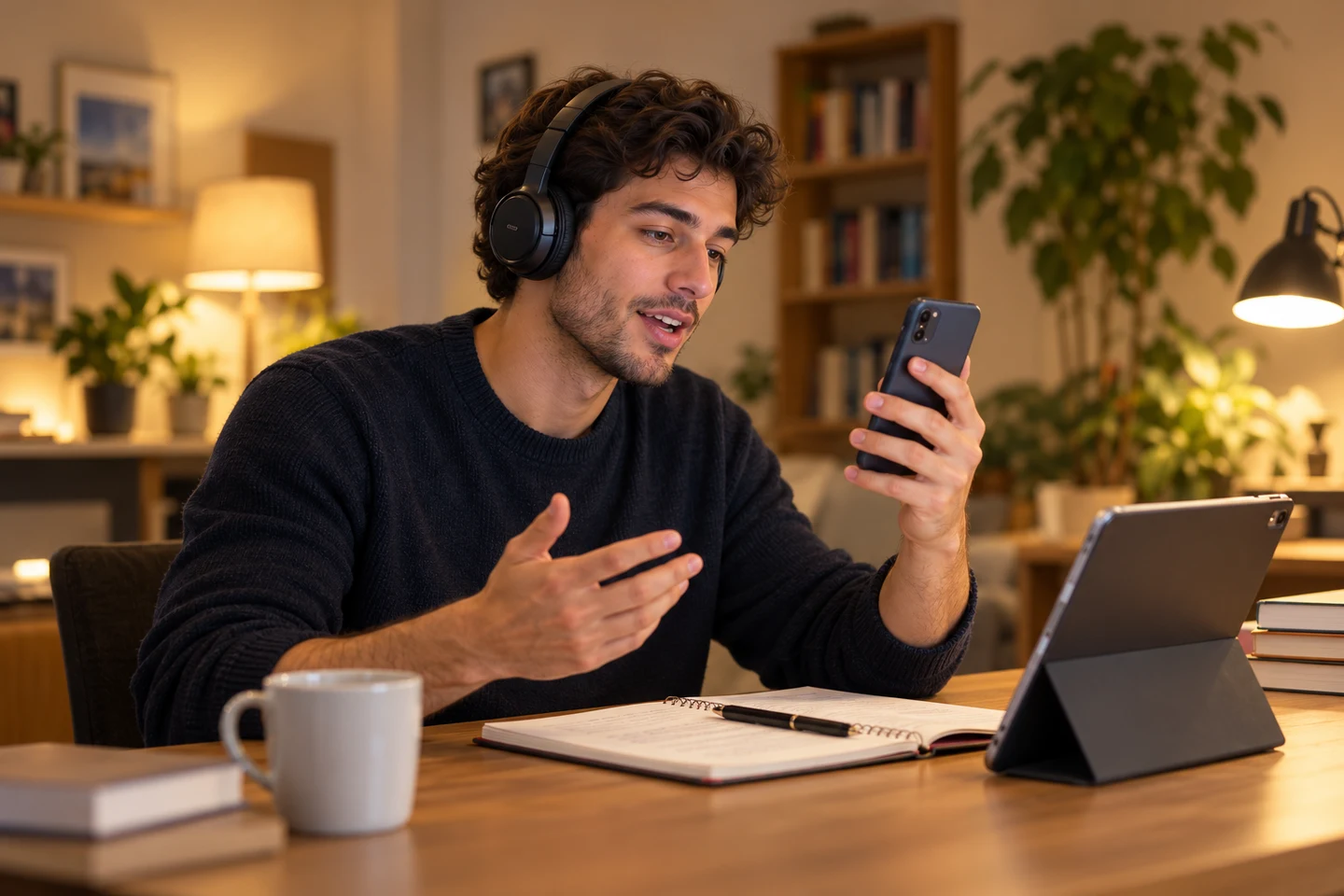 Adult student practising spoken language on a smartphone at a home study desk.