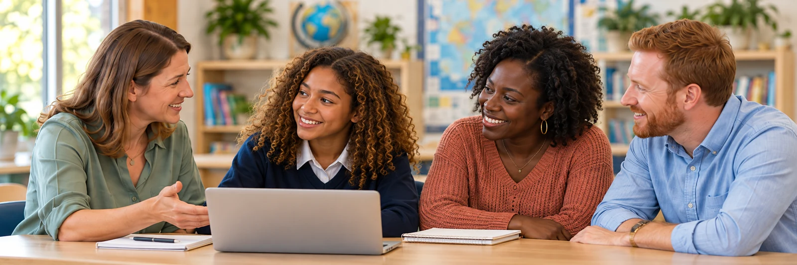 Illustrative photograph of a teacher discussing a student’s learning with the student and both parents.