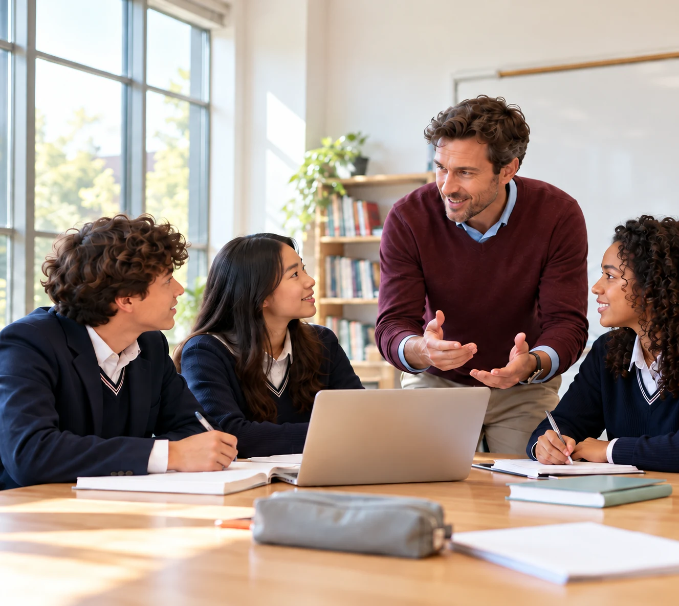 A teacher and three teenage students in navy uniforms discussing a lesson around an open laptop.