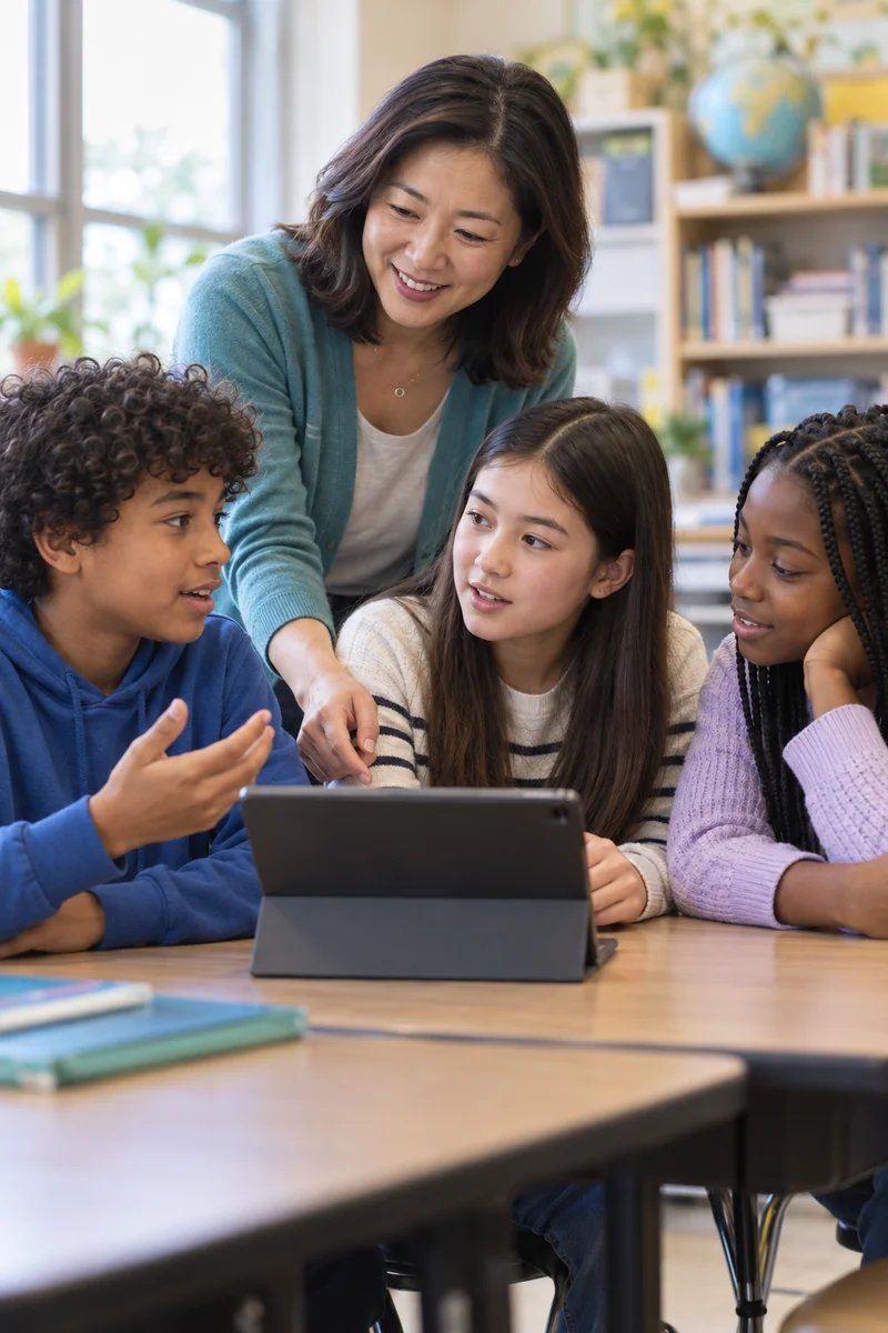 Illustrative public-school classroom photograph of an Asian teacher guiding three students in a language-learning discussion around an unbranded tablet.