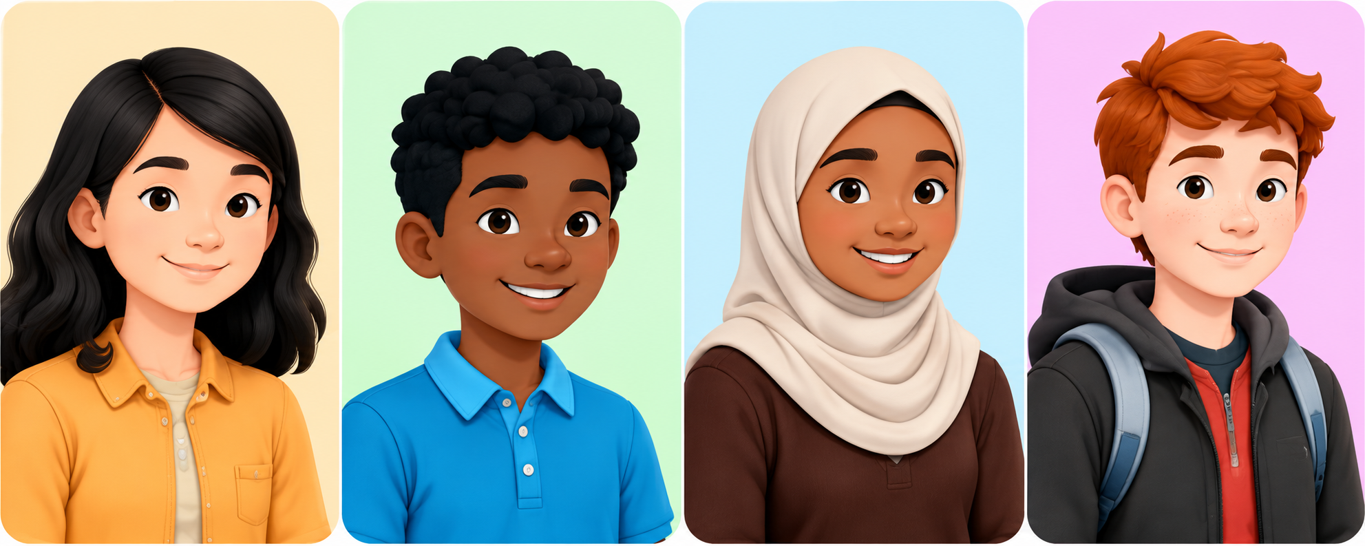 Illustrated portraits of four students with varied backgrounds and personalities.