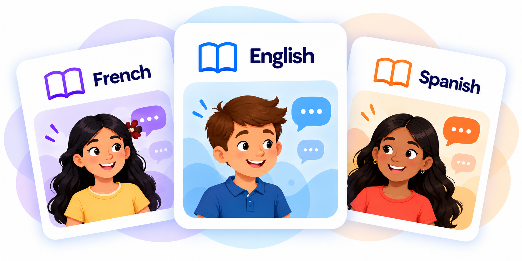 Overlapping French, English and Spanish learning cards with equally prominent learner portraits and book icons.