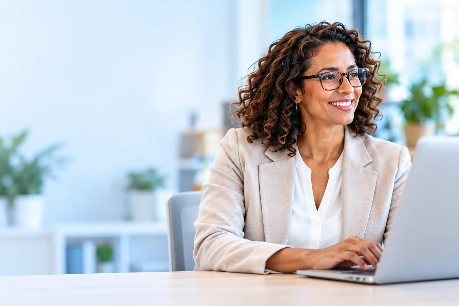 Illustrative photograph of an education administrator with glasses working at a laptop in a bright office.