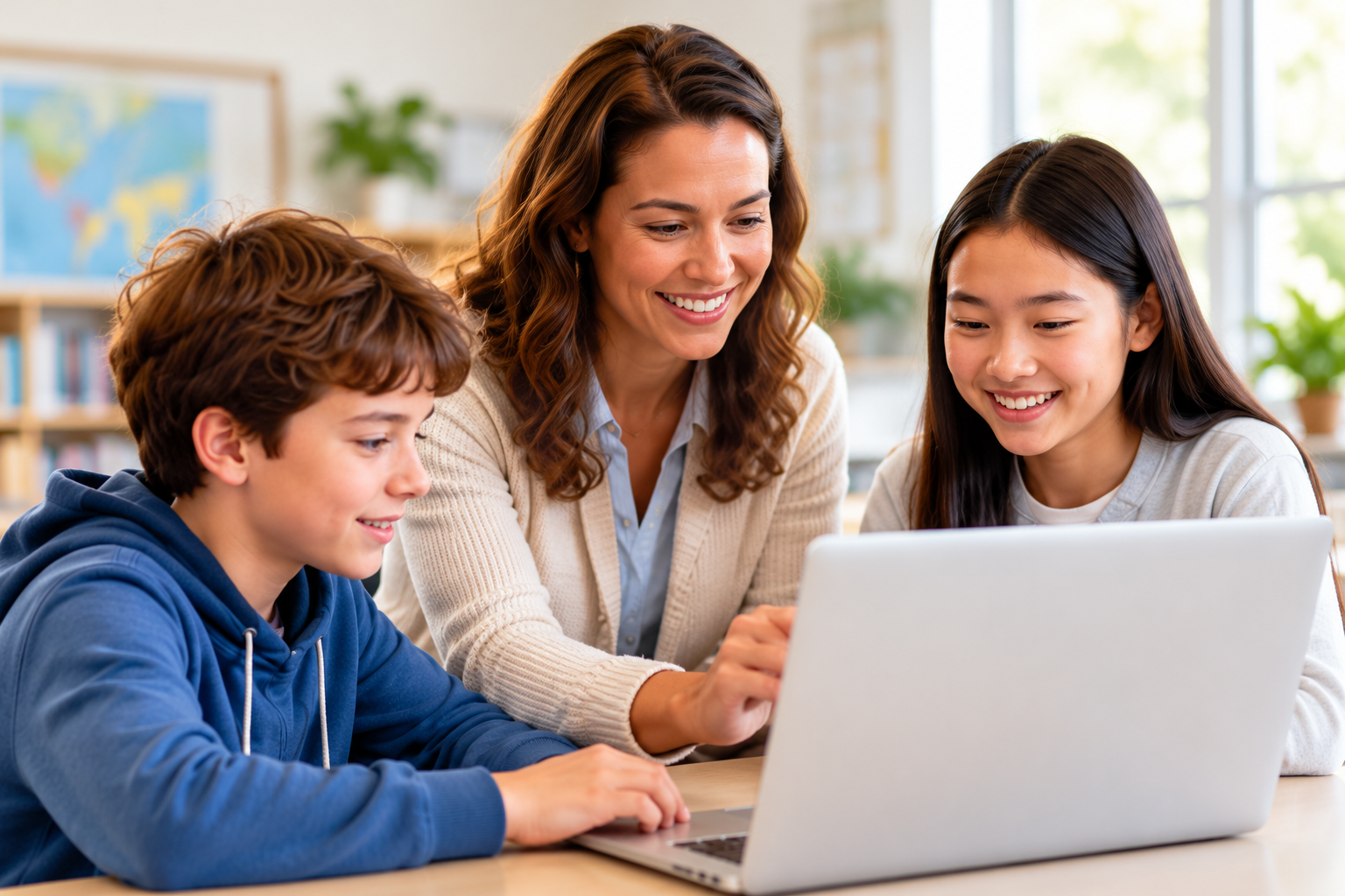 Illustrative classroom photograph of a teacher and two students working together around a laptop.