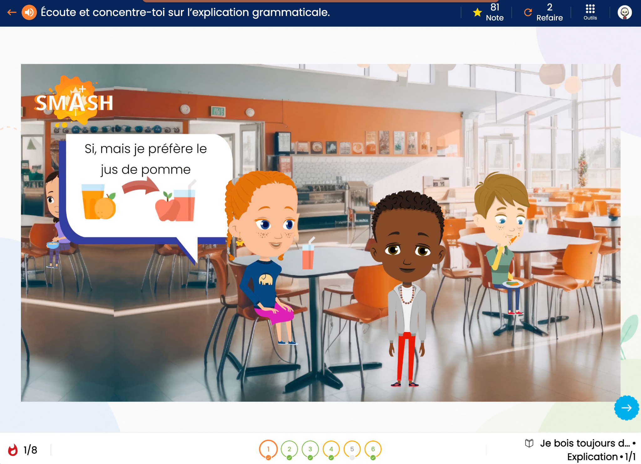 Authentic Smash French learning activity displayed in a laptop frame.