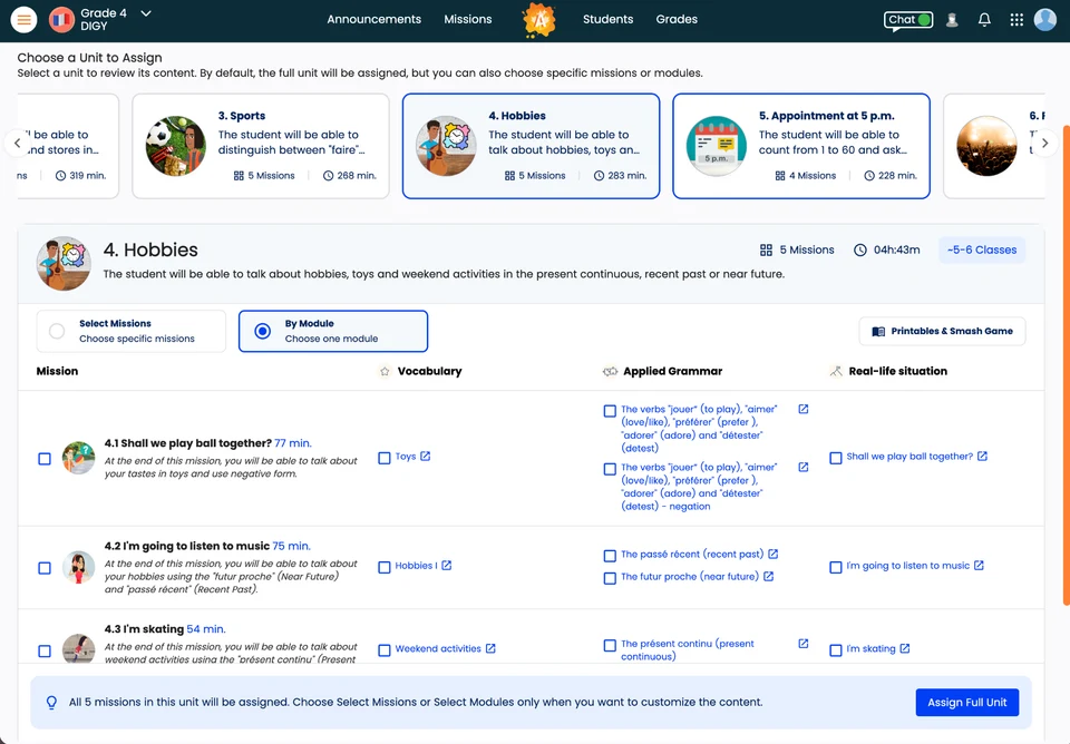 Smash Teacher Portal showing selection of specific missions or modules for assigned practice.