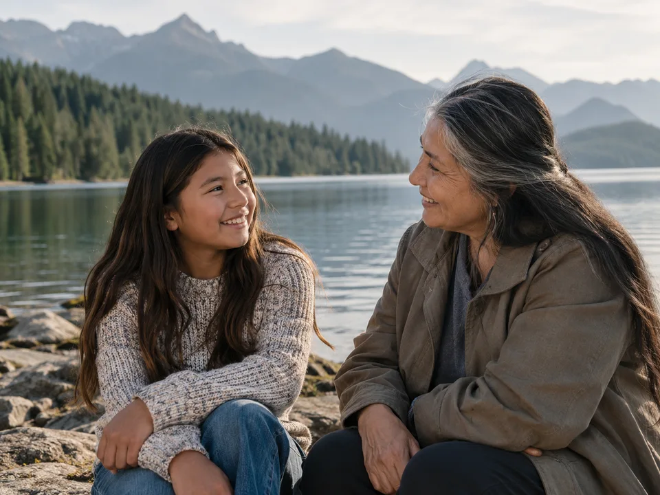 Illustrative intergenerational moment beside a lake