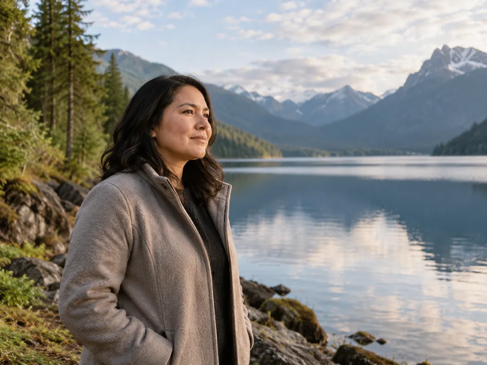 Illustrative portrait of a woman looking toward a natural landscape