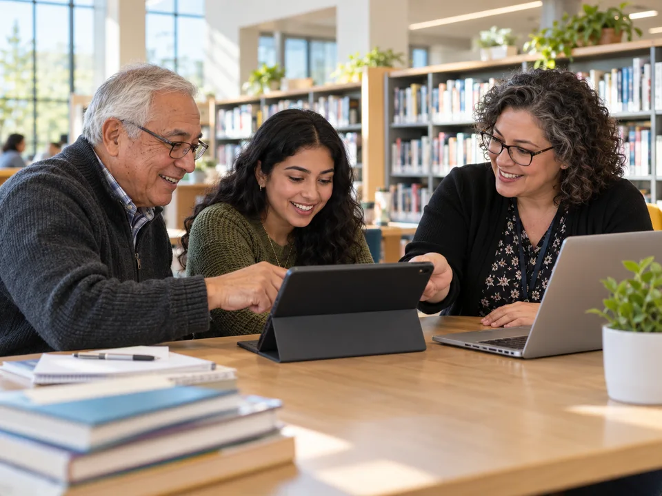 Illustrative adults learning together in a modern public library