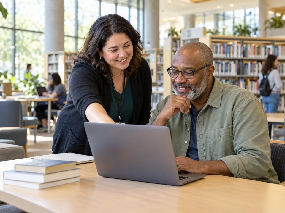 Illustrative librarian helping an adult library member use a laptop