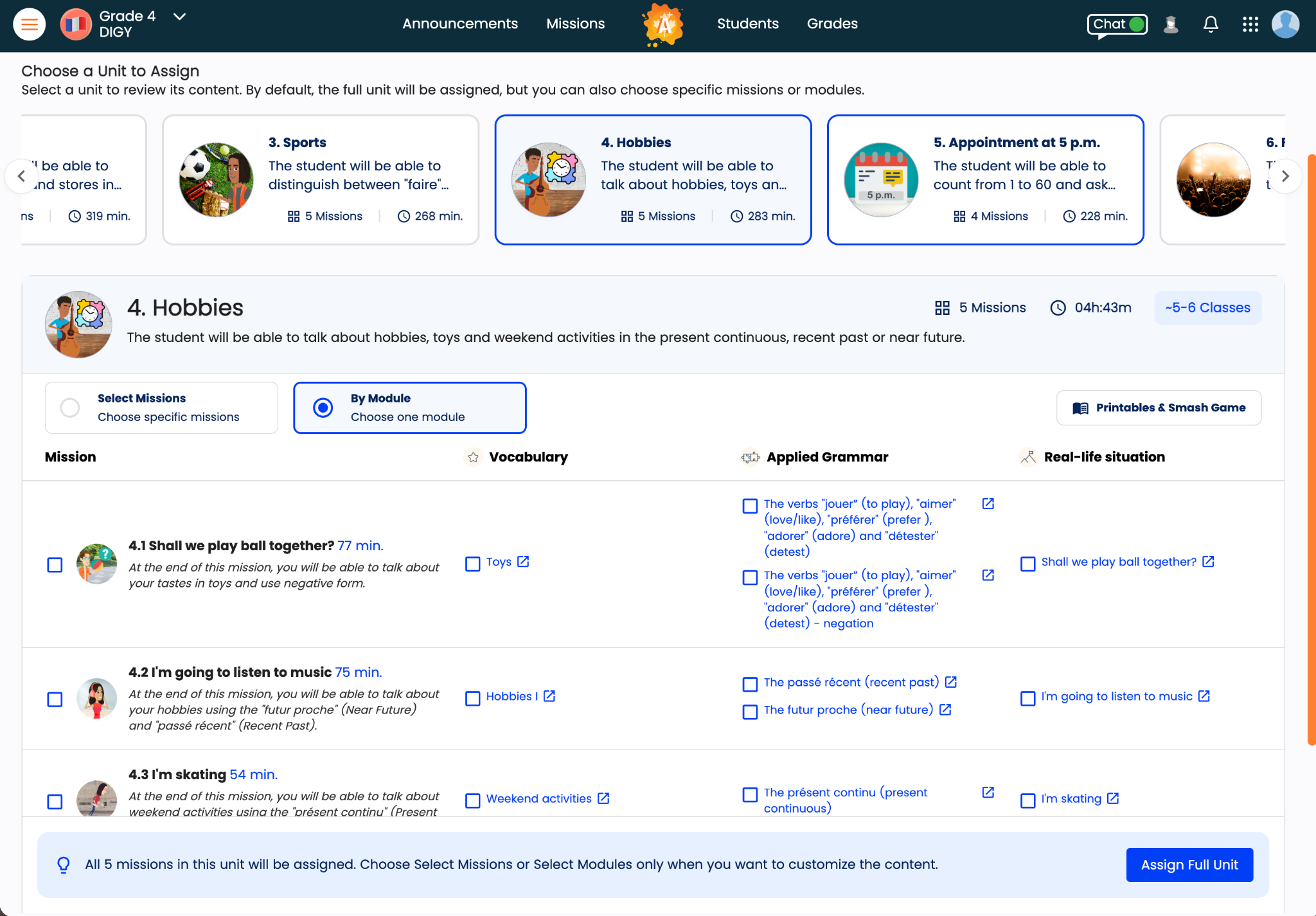 Smash unit-selection screen showing the Hobbies unit, missions, vocabulary, applied grammar, real-life situations and printable resources.