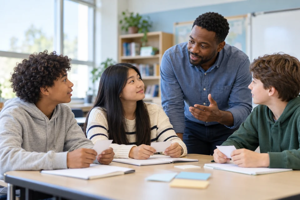 Illustrative classroom photograph of a Black male teacher guiding a collaborative language-learning conversation with three students.