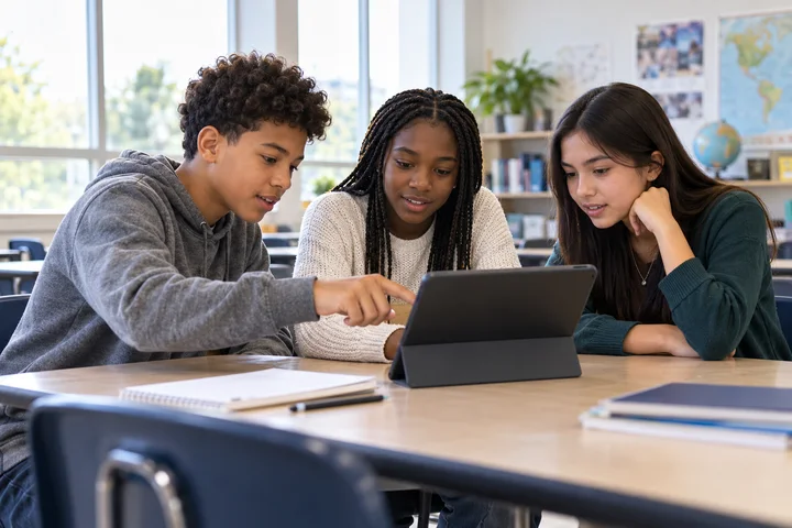 Illustrative photograph of three students collaborating around an unbranded tablet in a bright public-school classroom.
