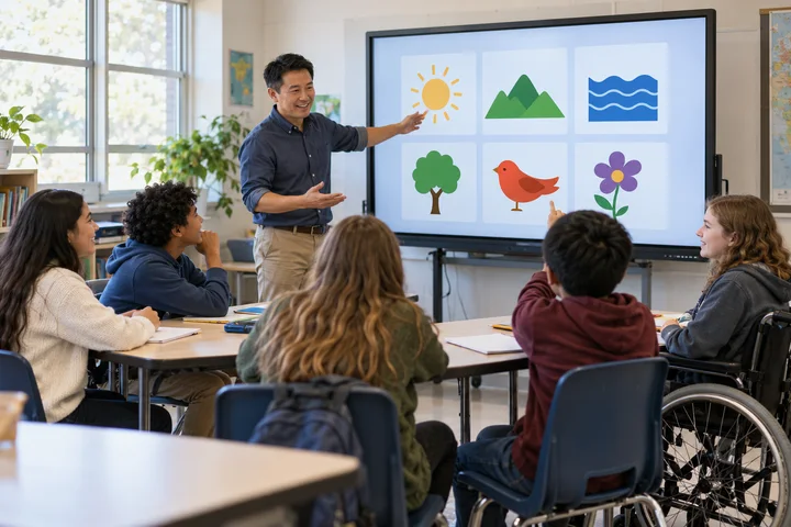 Illustrative public-school photograph of a teacher presenting picture-based language concepts on an unbranded classroom display as a diverse class participates.