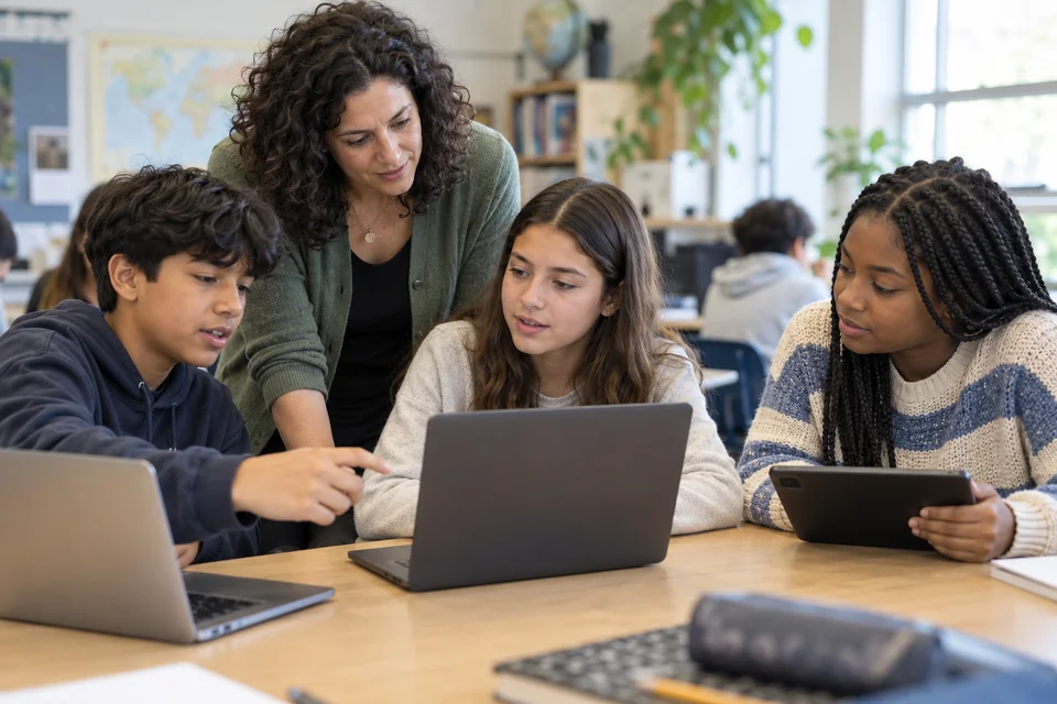 Illustrative classroom photograph of a teacher supporting three students collaborating on unbranded laptops and a tablet in a public school.