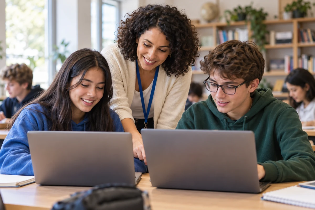 A teacher helping two teenage students work at laptops in a bright classroom.